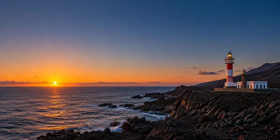 Leuchtturm an der Küste von La Palma bei Sonnenuntergang