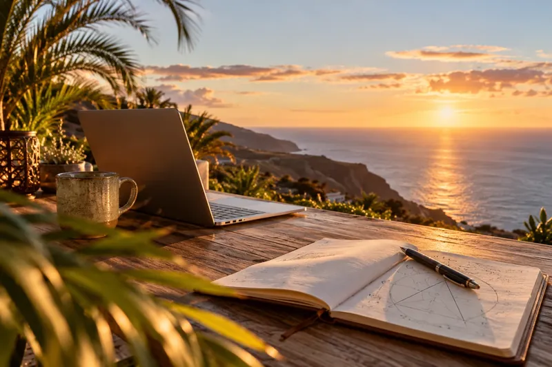 Laptop und Notizbuch auf einer Terrasse über dem Meer