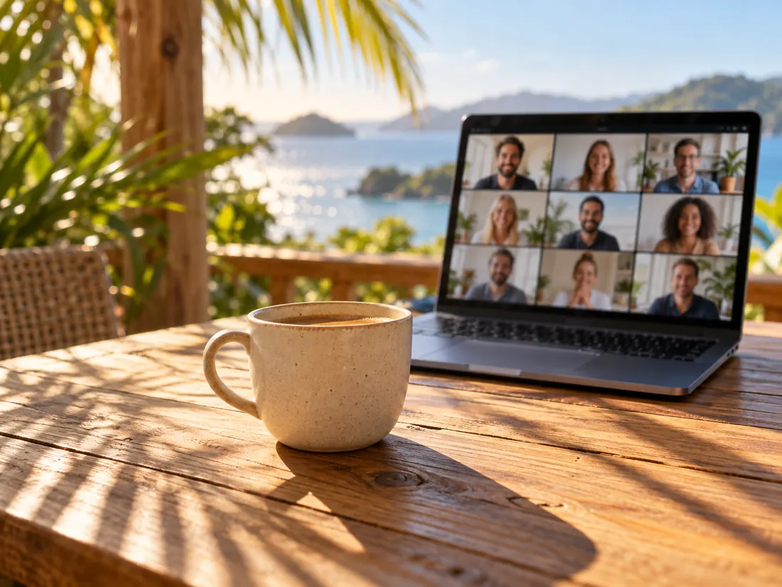 Laptop mit Videokonferenz auf einem Holztisch mit Meerblick